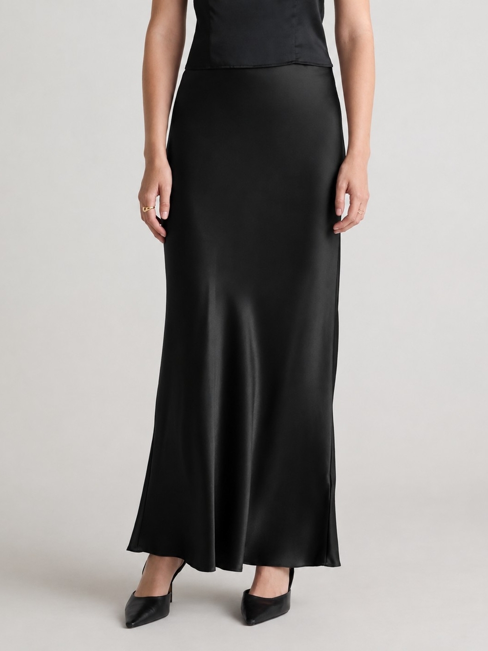 Quince 100% Silk Black Satin Maxi Skirt Size XL
